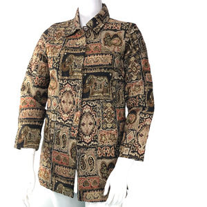 Chicos Womens Size 1 US 8 Tapestry Coat Jacket Elephants Beaded Indian Art Thick